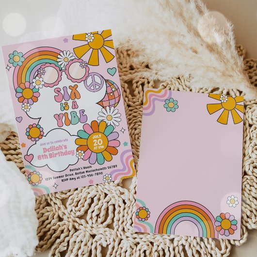 Invitation Six Is A Vibe Groovy Anniversaire Fleur Power 70s