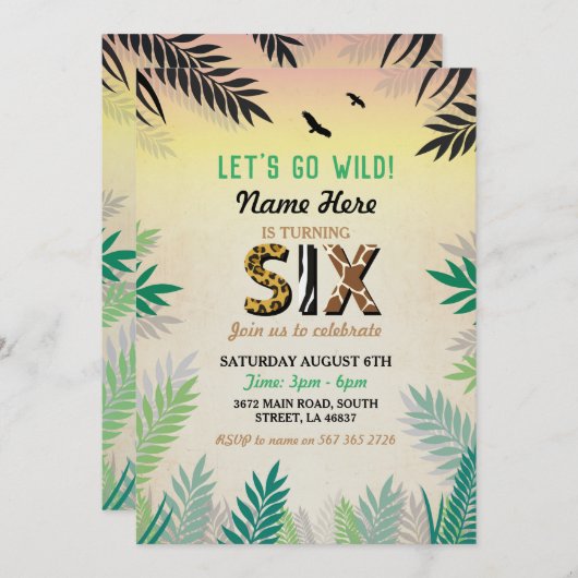 Invitation Six Jungle 6e anniversaire Safari ZOO Wild (Devant / Derrière)