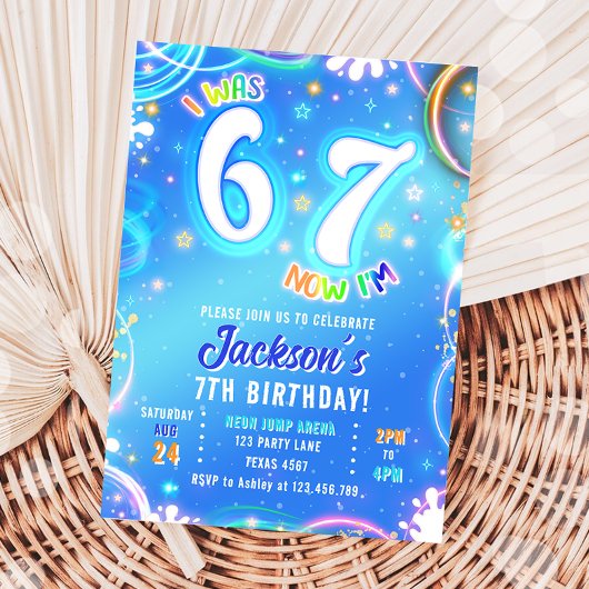 Invitation Six Seven 6 7 Neon Glow Groovy Space Boy Birthday