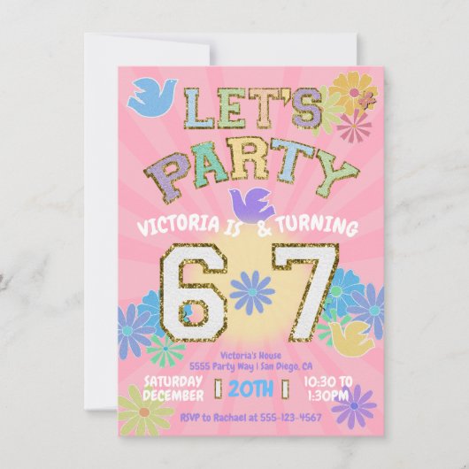 Invitation Six Seven Birthday Party Retro Preppy Hippie (Devant)