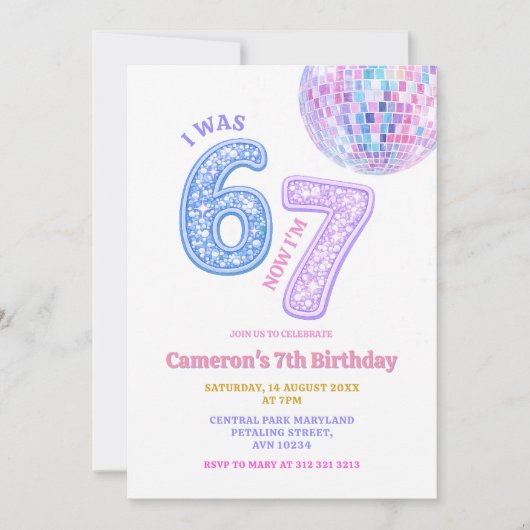 Invitation Six Seven Disco Glam 67 Kids Birthday Party (Devant)