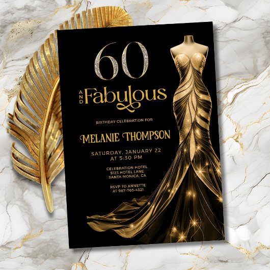 Invitation Sixty and Fabulous Gold Dress 60th Birthday