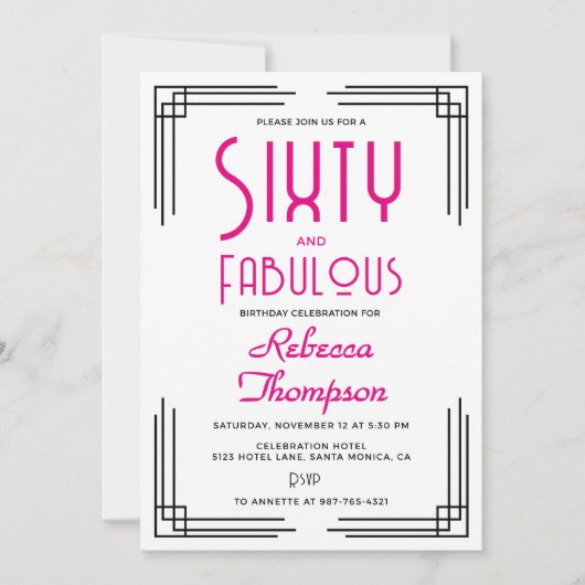 Invitation Sixty and Fabulous Hot Pink Art Deco 60th Birthday (Devant)