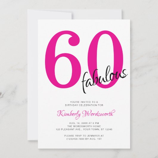 Invitation Sixty and Fabulous Pink 60th Birthday Party (Devant)