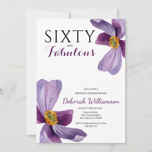 Invitation Sixty and Fabulous Purple Floral 60th Birthday In (Devant)