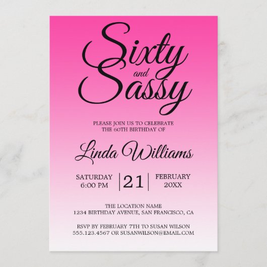 Invitation Sixty and Sassy Hot Pink Ombre 60th Birthday (Devant)