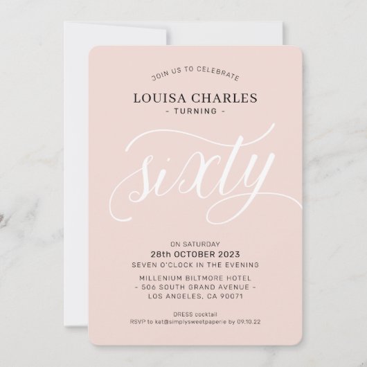 Invitation SIXTY élégant anniversaire chic moderne rose pâle (Devant)