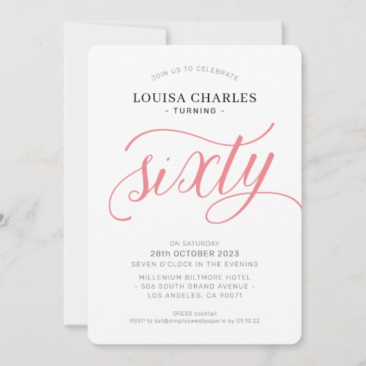 Invitation SIXTY élégant anniversaire chic script corail mode (Devant)