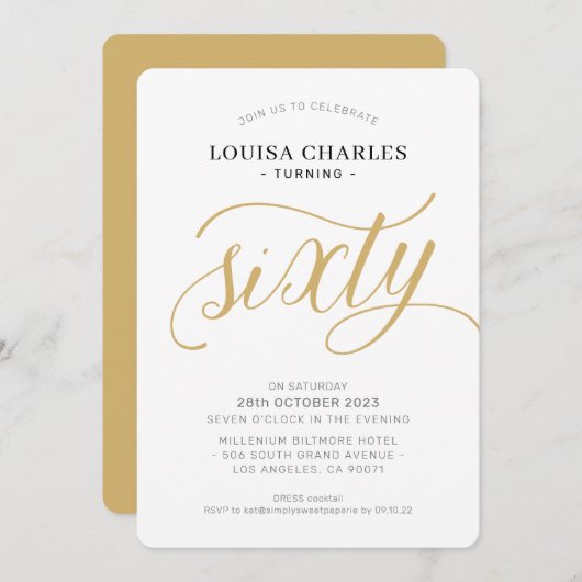 Invitation SIXTY élégant anniversaire chic script or moderne (Devant / Derrière)