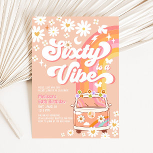 Invitation SIXTY est un anniversaire hippie Daisy Groovy Van