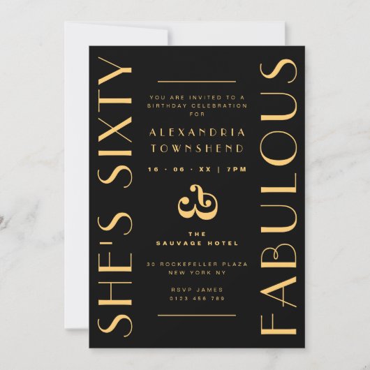Invitation Sixty & Fabulous Black Gold Art Deco 60th Birthday (Devant)