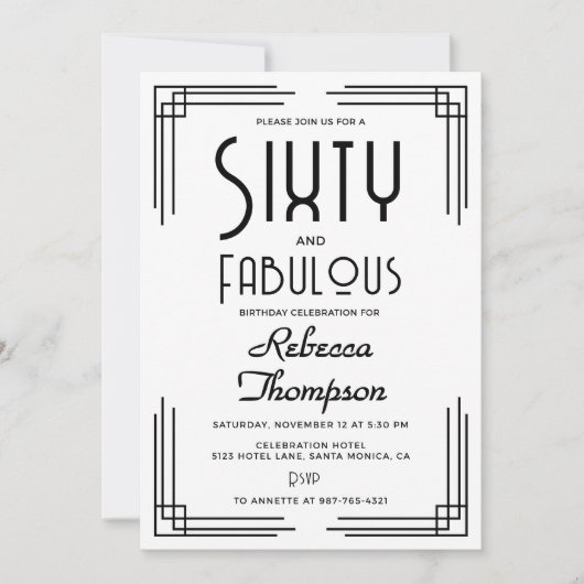 Invitation Sixty Fabulous Black White Art Deco 60th Birthday (Devant)