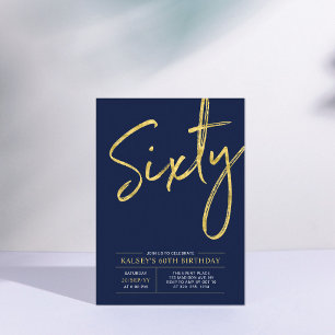 Invitation Sixty   Modern Gold & Blue 60th Birthday Party