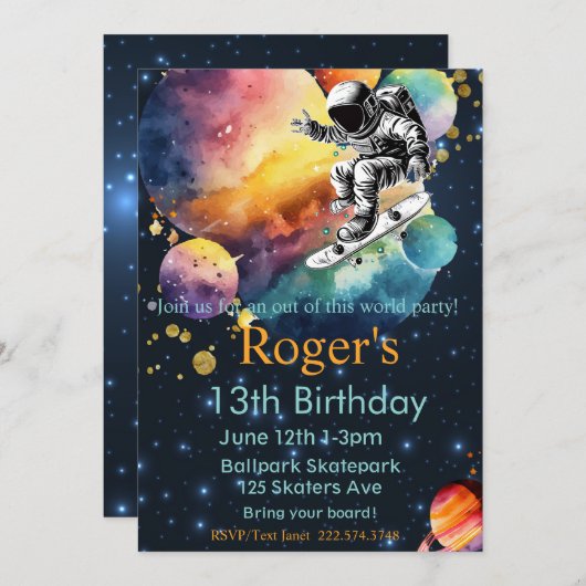 Invitation Skateboard Anniversaire, Astronaut Anniversaire, E (Devant / Derrière)