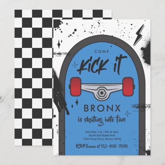Invitation Skateboard Come Kick It Urban Sport Fête d'anniver (Devant / Derrière)
