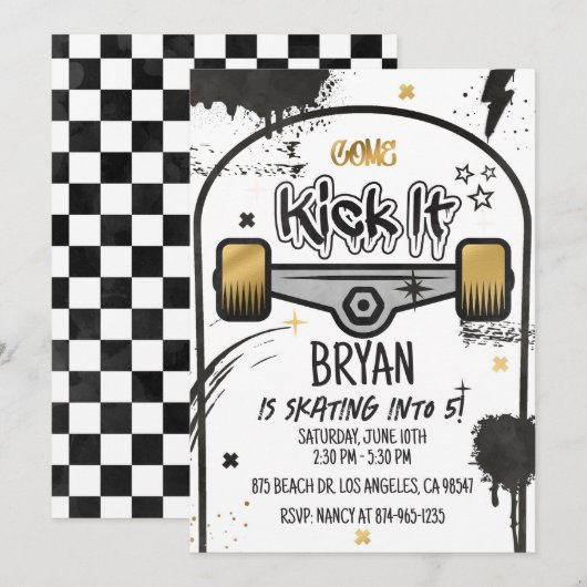 Invitation Skateboard Gold (Devant / Derrière)