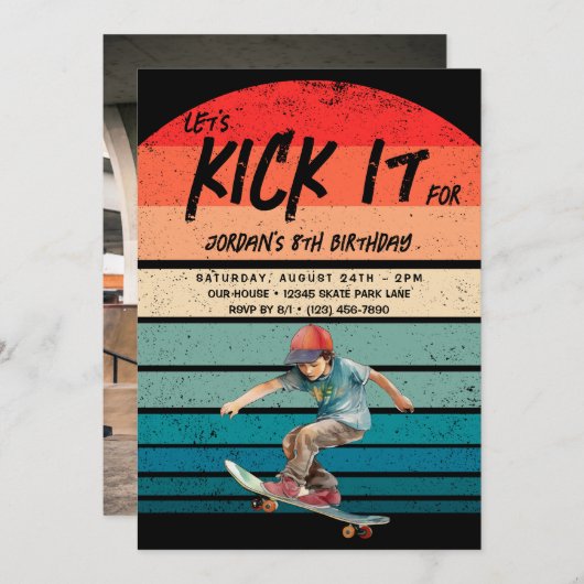 Invitation Skateboard Retro Sunset Photo Boys fête d'annivers (Devant / Derrière)