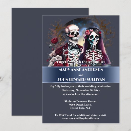 Invitation Skeleton couple burgundy dusky bleu gothique maria (Devant / Derrière)