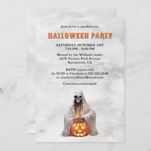 Invitation Skeleton Ghost Jack O’Lantern Halloween Party (Devant / Derrière)