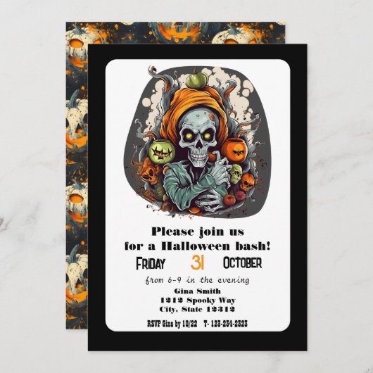 Invitation Skeleton Grim Reaper Halloween Bash Party (Devant / Derrière)