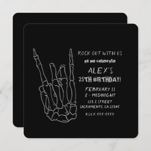Invitation Skeleton Hand Rock Star Black Birday Party (Devant / Derrière)