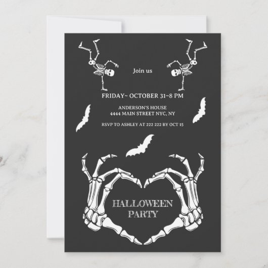 Invitation Skeleton Hands Heart with Dancing Skeletons & Bats (Devant)