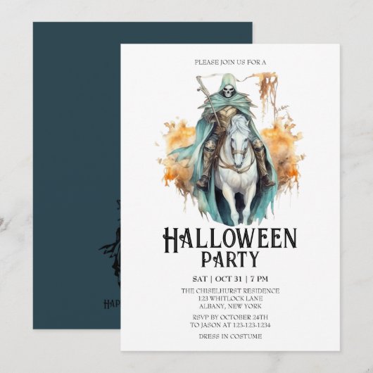 Invitation Skeleton Horseman Costume Mint Halloween Party (Devant / Derrière)