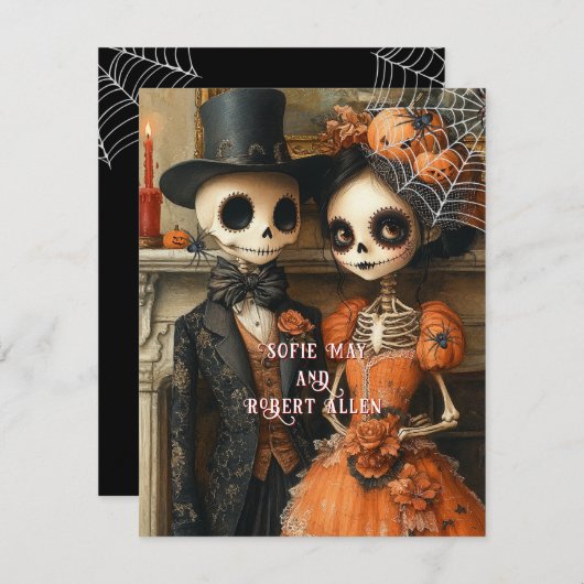 Invitation Skeletons araignées noires Mariage d'Halloween (Devant / Derrière)