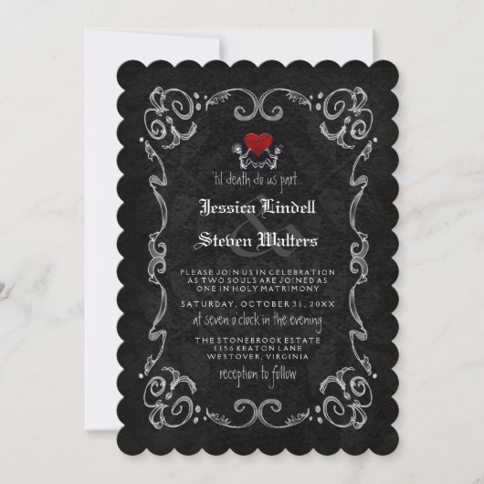 Invitation Skeletons et Coeur Mariage "TIL DEATH" (Devant)
