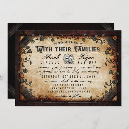Invitation Skeletons gothiques Brown Mariage "Ensemble avec" (Devant / Derrière)