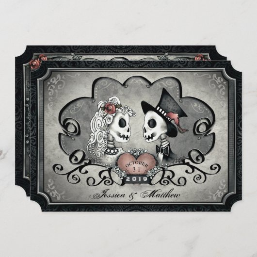 Invitation Skeletons Grey Black Heart Mariage "Ensemble avec" (Devant / Derrière)