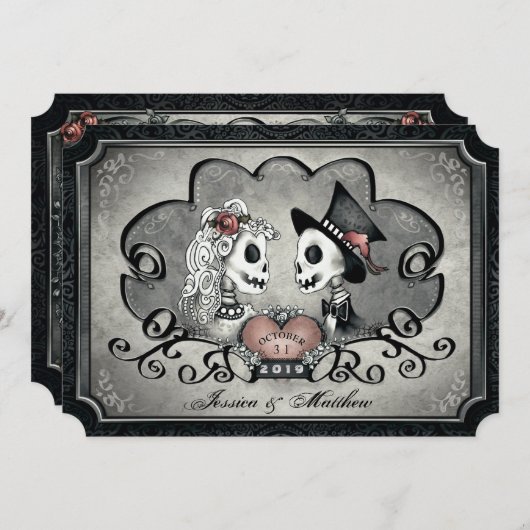 Invitation Skeletons Grey Black White Heart Mariage (Devant / Derrière)