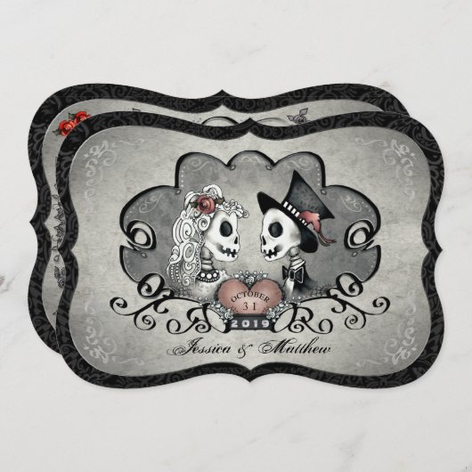 Invitation Skeletons Grey Black & White Heart Wedt Invite (Devant / Derrière)