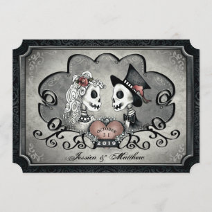 Invitation Skeletons gris noir blanc Mariage du coeur