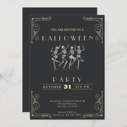 Invitation Skeletons noir et or en argent Halloween (Devant / Derrière)