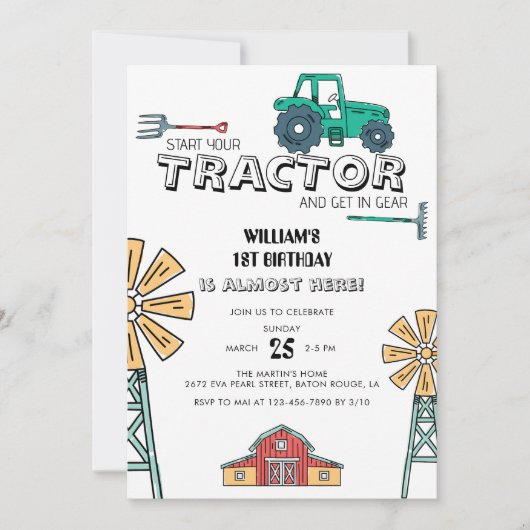 Invitation Sketchy Green Tractor Farm Windmill 1er anniversai (Devant)