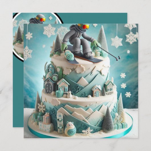 INVITATION SKI D'HIVER THÈME CAKE D'ANNIVERSAIRE (Devant / Derrière)
