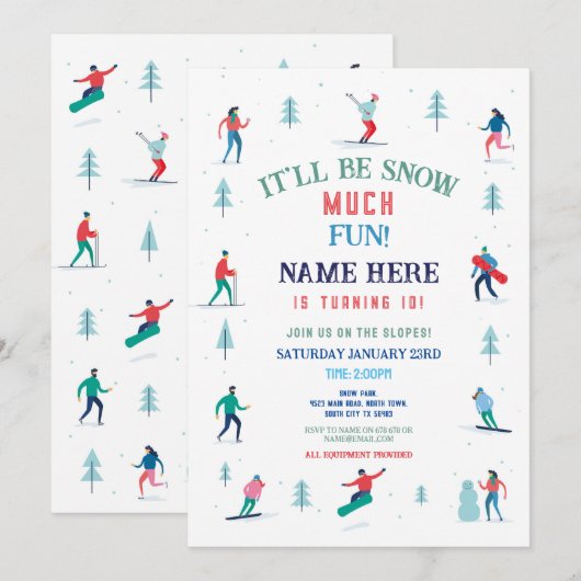 Invitation Ski Fête Anniversaire Pistes Ski Snowboard Neige (Devant / Derrière)