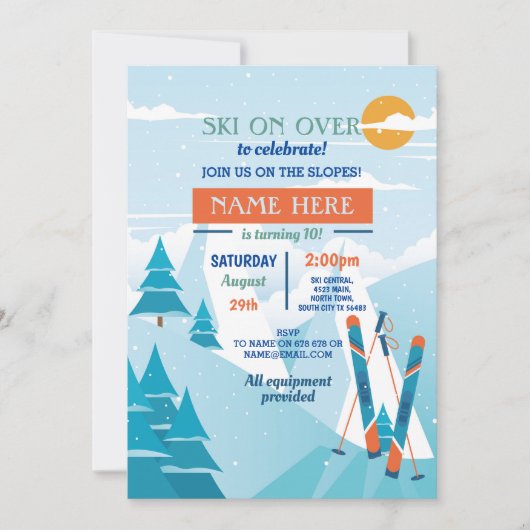 Invitation Ski Fête Anniversaire Pistes Ski Snowboard Neige (Devant)