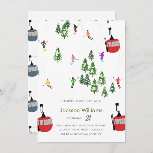 Invitation Ski moderne Aprés Anniversaire (Devant / Derrière)