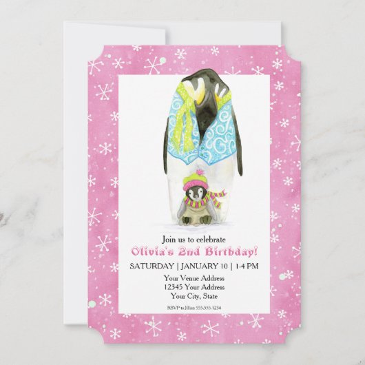 Invitation Ski Penguin Fille Anniversaire Fête Ski Flocon de  (Devant)