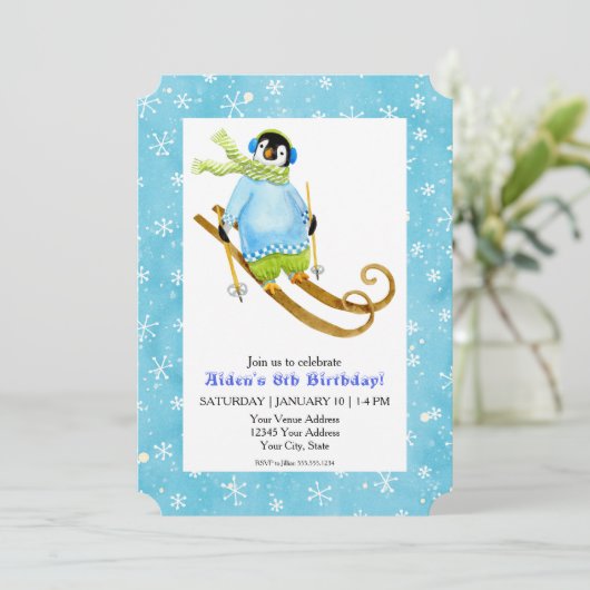 Invitation Ski Pingouin Anniversaire Ski Falling Snow (Debout devant)