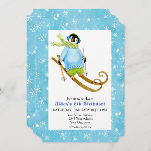 Invitation Ski Pingouin Anniversaire Ski Falling Snow (Devant / Derrière)