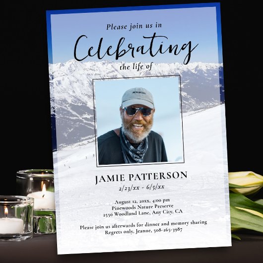 Invitation Skier Snowboarder Life Celebration Photo Funeral