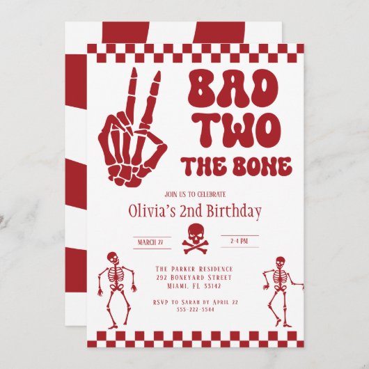 Invitation Skull Skeleton Bad to the Bone 2nd Birthday (Devant / Derrière)