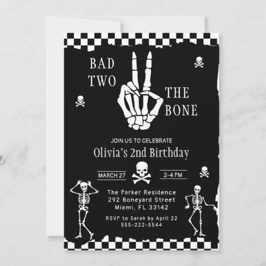 Invitation Skull Skeleton Bad to the Bone 2nd Birthday  (Devant)