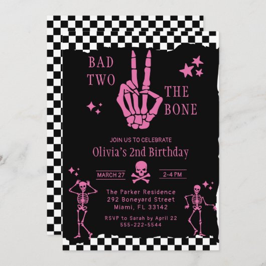 Invitation Skull Skeleton Bad to the Bone 2nd Birthday (Devant / Derrière)