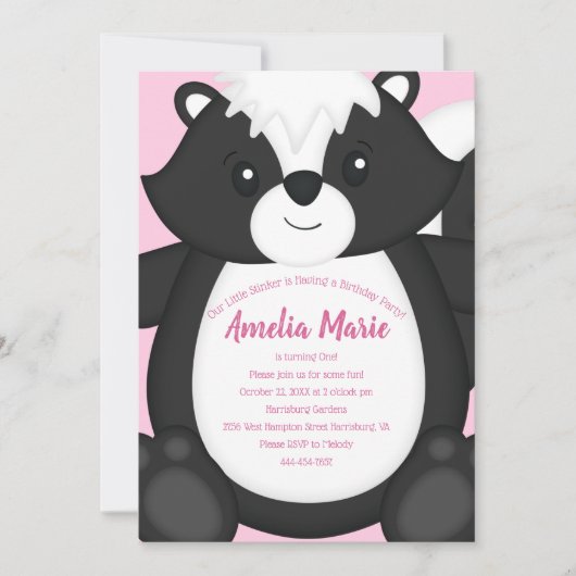 Invitation Skunk Anniversaire fête rose (Devant)