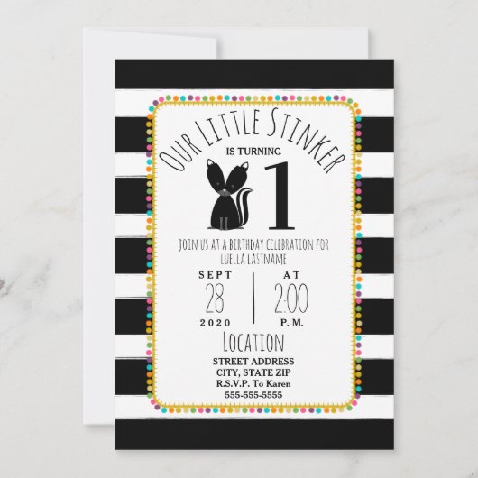 Invitation Skunk Little Stinker Pompom Stripes Anniversaire (Devant)