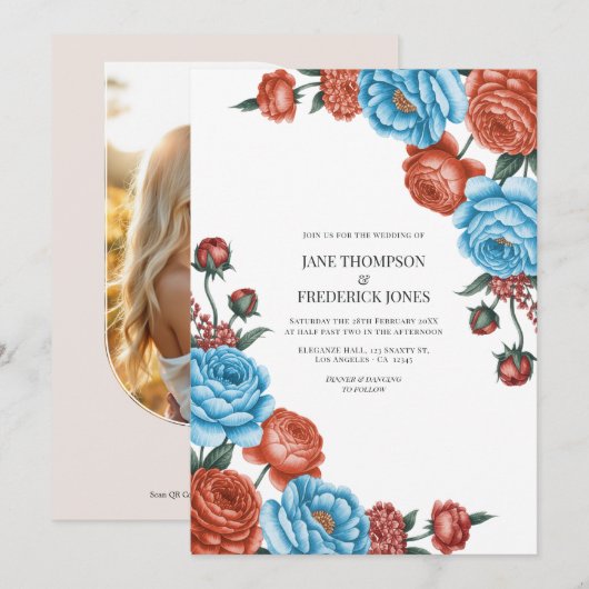 Invitation Sky Blue and Terracotta Watercolor Floral Wedding (Devant / Derrière)